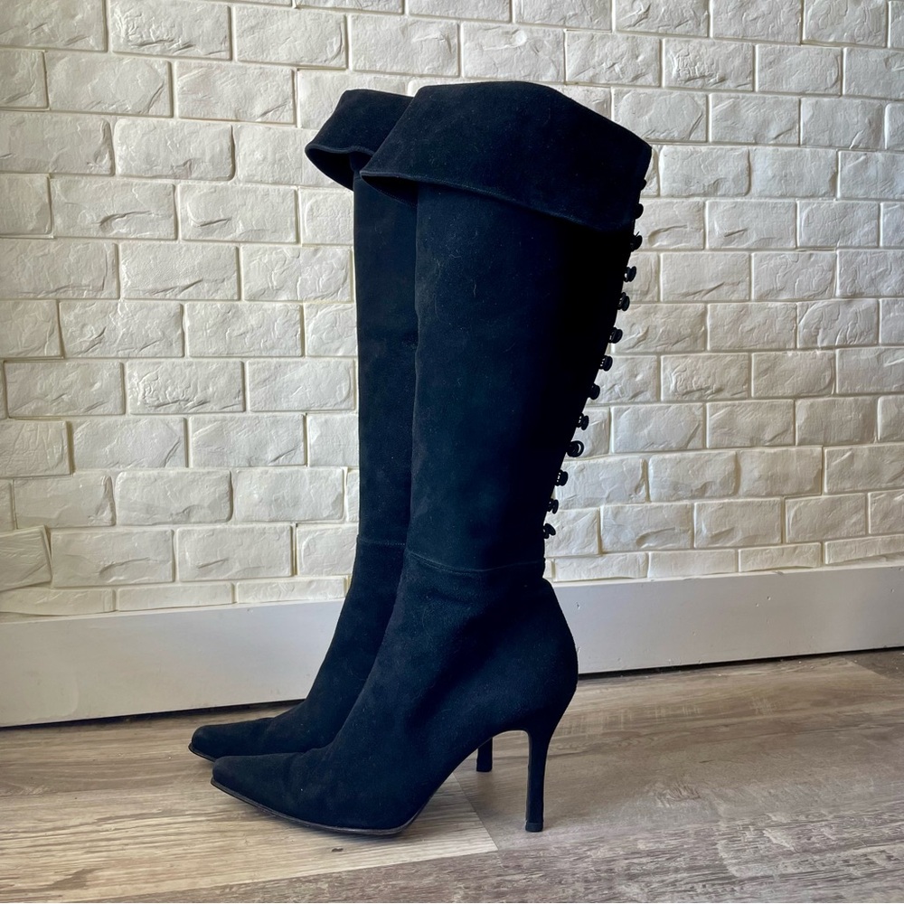 Stuart Weitzman Black Suede Button Down Cuffed Knee-High Heeled Boots Size 8.5 - Picture 3 of 16